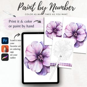 Op de afbeelding: Een digitale paint-by-number kunstkit met een aquarel bloemdesign. De afbeelding toont een tablet met het kunstwerk, samen met afgedrukte versies en een stylus. Tekst luidt "Paint by Number" en "Print it & color or paint by hand."