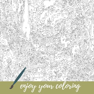 May include: Black and white paint by numbers image of a landscape with a bridge and trees. The image has numbers throughout to indicate the color to use for each section. The text "enjoy your coloring" is at the bottom of the image.