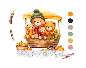 May include: A family of four brown teddy bears dressed in fall colors are selling pumpkins from a wooden cart. The cart is decorated with fall leaves and has a yellow canopy. There are pumpkins in a basket next to the cart.