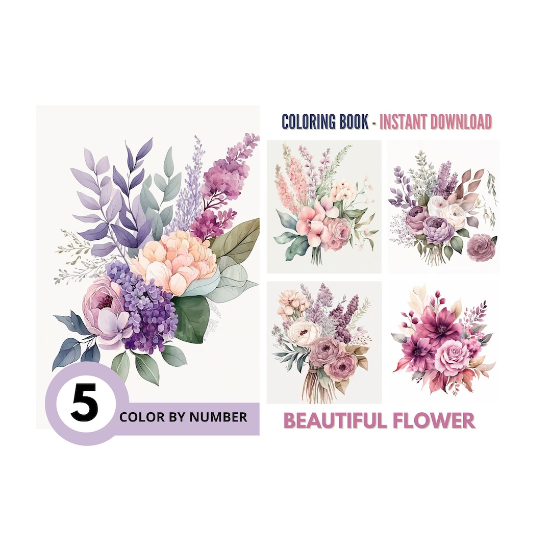 Color by Number for Adult,paint by Number Printable,5 Beautiful Flower ...