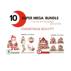 Bundle 10 Christmas Beauties, Color By Number for Adult,Paint by Number Printable, Coloring Pages, Sheet Digital Download, Advanced Book|958