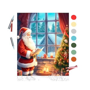 May include: Santa Claus, wearing a red suit with a white beard and hat, stands by a window looking at a Christmas tree decorated with baubles and lights. He is holding a book in his hand.