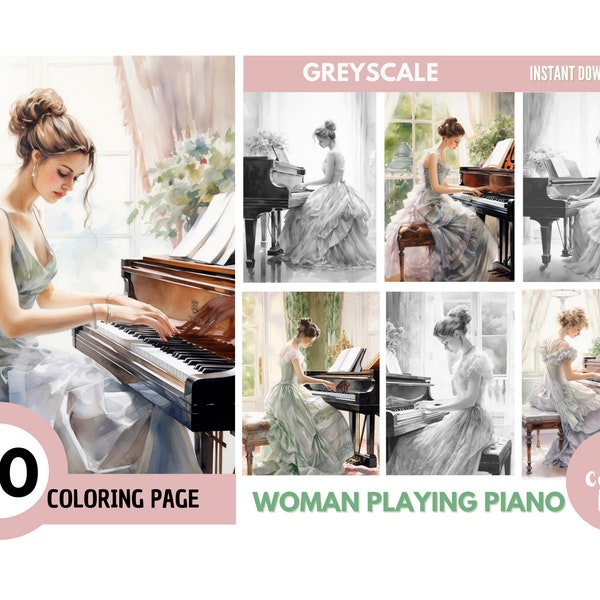 30 Woman Playing Piano, Coloring Pages for Adults,Grayscale Coloring Book, Coloring pages kids,Instant Download, Printable PDF File | 875