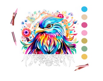 May include: A colorful paint-by-numbers kit featuring a vibrant bird with a blue head and a colorful plumage. The bird is surrounded by flowers and leaves. The kit includes a numbered canvas, paint pots, and brushes.