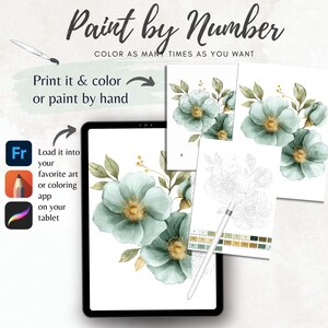 May include: Digital paint-by-number art kit featuring watercolor floral designs in shades of teal and gold. The kit includes printable templates and instructions for coloring on paper or a tablet. The text reads "Paint by Number" and "Color as many times as you want."