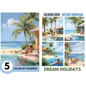 Bundle 5 Traum Urlaub Farbe nach Zahlen für Erwachsene, Malen nach Zahlen druckbare, Malvorlagen, Blätter digitaler Download, Graustufen Buch | 740