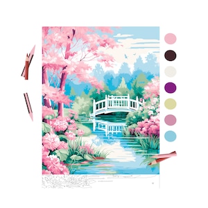 May include: A paint-by-numbers kit featuring a serene landscape with a white bridge over a calm river. The scene is filled with pink cherry blossoms, lush green foliage, and a clear blue sky. Includes colored pencils.