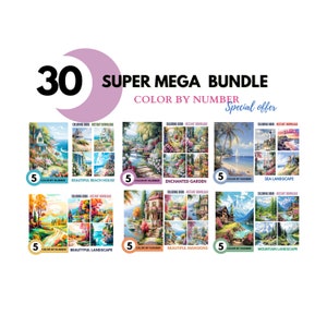 Bundle 30 Color By Number for Adult, Paint by Number Printable,Beautiful Landscape, Coloring Pages ,Sheets Digital Download, Book| 465