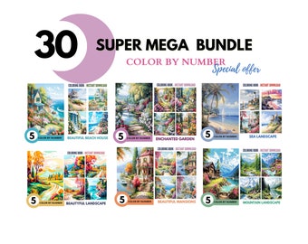 Bundle 30 Color By Number for Adult, Paint by Number Printable,Beautiful Landscape, Coloring Pages ,Sheets Digital Download, Book| 465