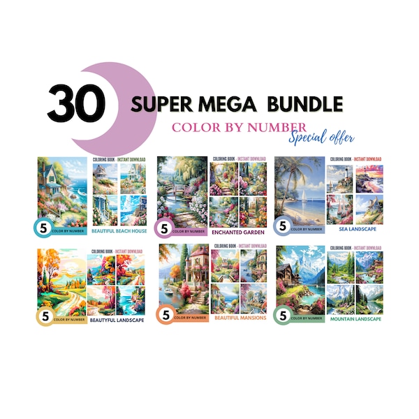 Bundle 30 Farbe nach Zahlen für Erwachsene, Malen nach Zahlen druckbare, schöne Landschaft, Malvorlagen, Blätter digitaler Download, Buch| 465