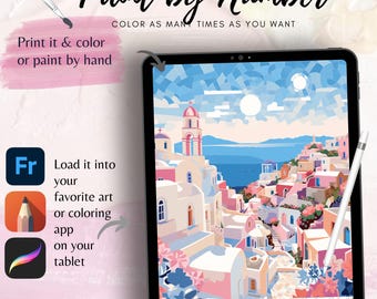 Puede incluir: Una imagen digital de pintura por números de una ciudad colorida con un cielo azul y nubes blancas. La imagen está en la pantalla de una tableta con un lápiz óptico al lado. El texto "Paint by Number" está en la parte superior de la imagen. El texto "Color as many times as you want" está debajo del título. El texto "Print it & color or paint by hand" está en el lado izquierdo de la imagen. El texto "Load it into your favorite art or coloring app on your tablet" también está en el lado izquierdo de la imagen.