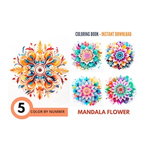 Color By Number for Adult,Paint by Number Printable,5 Mandala Flower, Procreate Coloring Pages, Sheets Digital Download,Coloring Book| 1112