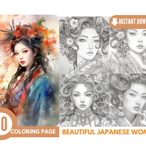 30 Beautiful Japanese Woman Coloring Book - Adults Coloring Pages, Instant Download,Grayscale Coloring Book,Printable PDF File| 458