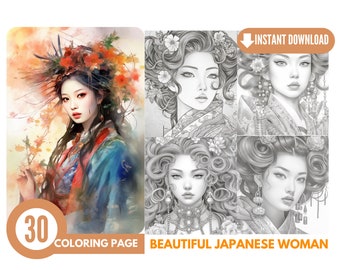 30 hermosas mujeres japonesas para colorear - Páginas para colorear para adultos, descarga instantánea, libro para colorear en escala de grises, archivo PDF imprimible/ 458