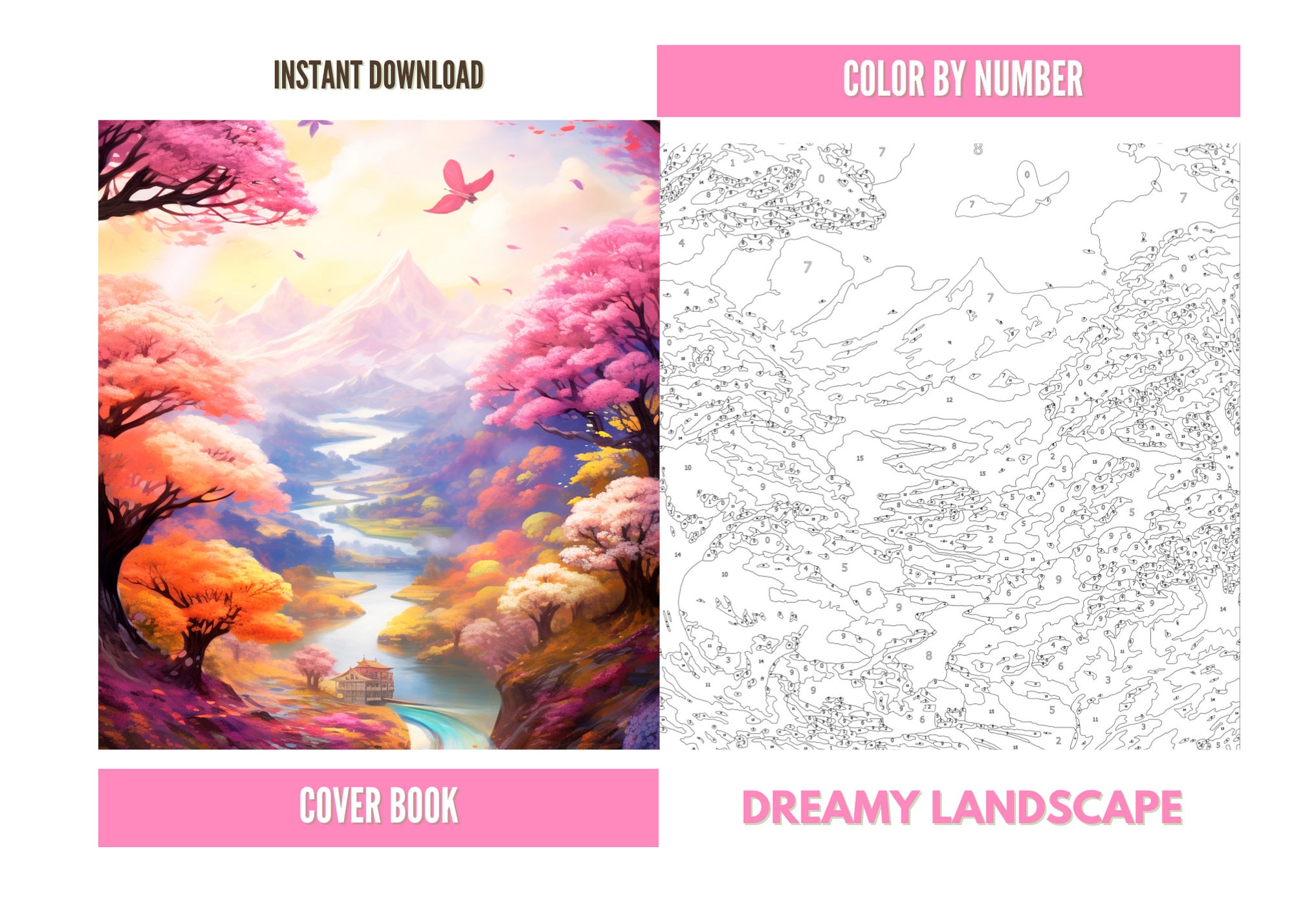 5 Dreamy Landscape Color by Number for Adult, Paint by Number Printable ...