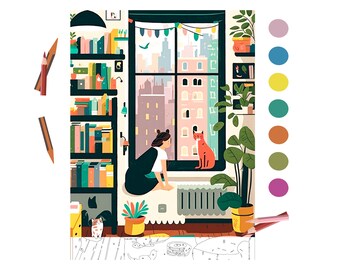 Puede incluir: Una ilustración para colorear por números de una mujer sentada junto a una ventana con un gato. La mujer está mirando por la ventana a un horizonte urbano. Hay estanterías llenas de libros en el fondo. La ilustración está rodeada de una paleta de colores de 10 colores.