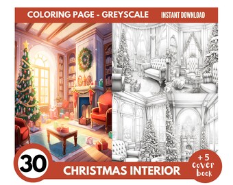 30 Christmas Interior Coloring Book - Adults Coloring Pages, Instant Download,Grayscale Coloring Book, Printable PDF File |1208