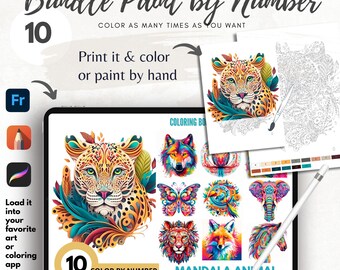 May include: A digital tablet displaying a colorful mandala animal coloring book with 10 images. The book features a leopard, wolf, butterfly, parrot, elephant, lion, fox, and horse. The text "COLORING BOOK" and "MANDALA ANIMAL" are visible on the screen. The tablet is on a white surface with a stylus pen next to it.