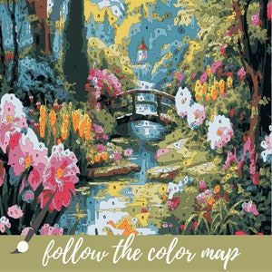 May include: A paint-by-numbers image of a whimsical garden scene with a bridge over a stream, flowers, and a small building in the distance. The image is divided into numbered sections, each corresponding to a specific color on the color map.
