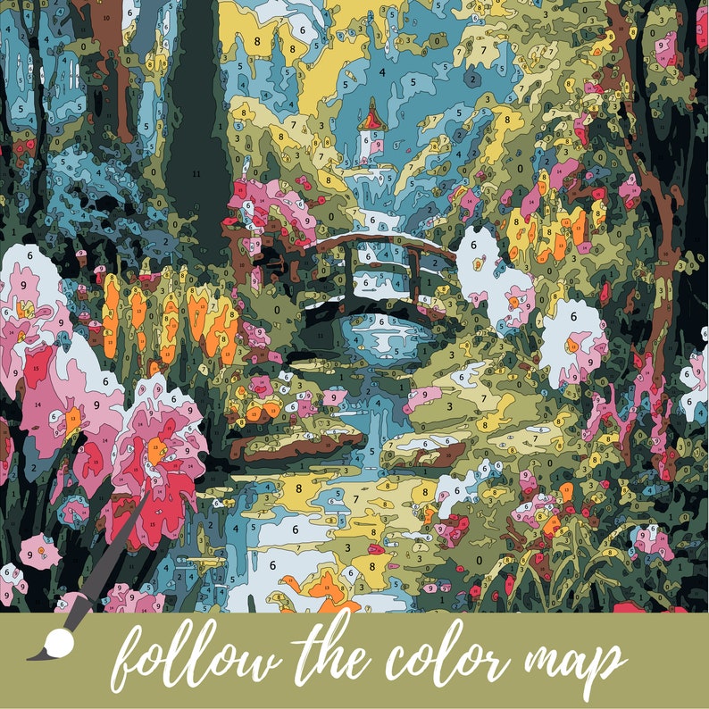 May include: A paint-by-numbers image of a whimsical garden scene with a bridge over a stream, flowers, and a small building in the distance. The image is divided into numbered sections, each corresponding to a specific color on the color map.