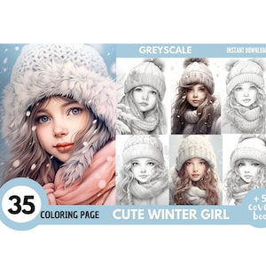 35 Beautiful Winter Girl Coloring Book - Adults Coloring Pages, Instant Download, Grayscale Coloring Book, Printable PDF File |691