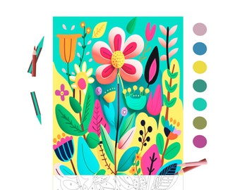 Può includere: Un kit di pittura per numeri con un design floreale colorato con fiori rosa, gialli, blu, verdi e arancioni. Il kit include una tela numerata, pennelli e colori acrilici.