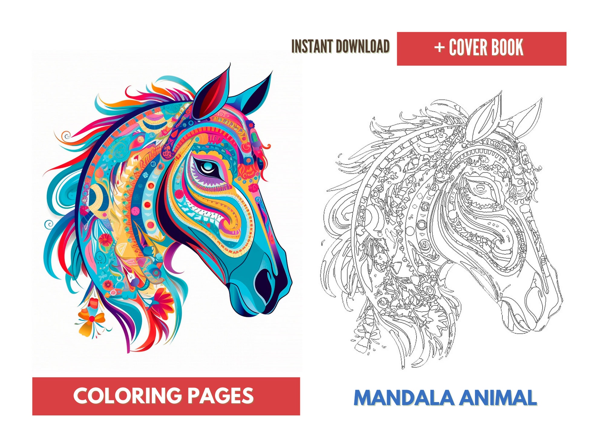 5 Coloring Pages for Adult ,digital Coloring Book Kids, Mandala Animal ...