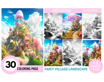 30 Fairy Village Landscape Coloring Pages for Adults,Grayscale Coloring Book, Coloring pages kids,Instant Download, Printable PDF File | 832