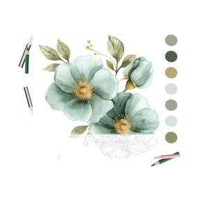 May include: Watercolor illustration of blue-green flowers with yellow centers and green leaves. A color palette of greens and a partially colored outline of the flowers are also shown. Two pencils are included.