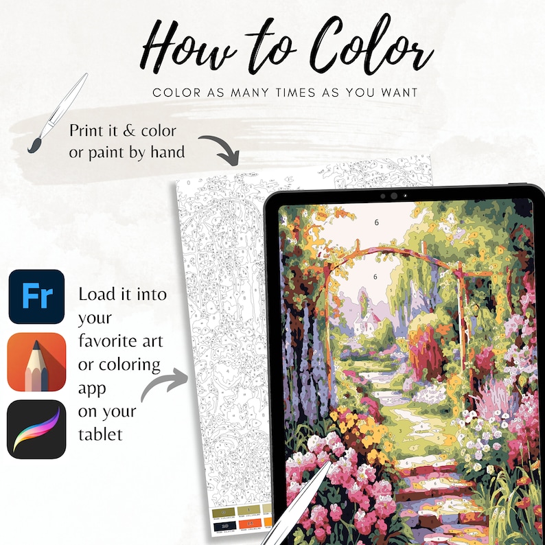 May include: How to Color: A digital illustration showing a tablet displaying a colorful garden scene with a path leading to a house. The tablet is on a table with a printed black and white version of the garden scene. The text "How to Color" is at the top of the image. The text "Color as many times as you want" is below the title. The text "Print it & color or paint by hand" is on the left side of the image. The text "Load it into your favorite art or coloring app on your tablet" is on the left side of the image.