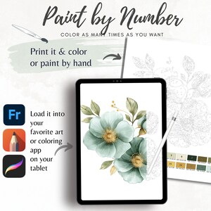 May include: A digital paint-by-number design featuring two teal flowers with gold centers and green leaves. The image includes the text "Paint by Number" and instructions to print and color or paint by hand. A tablet displays the design.