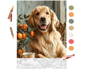 Färglägg efter nummer för vuxna, utskrivbar målning efter nummer, golden retriever, målarbilder, digitala nedladdningsbara ark, avancerad detaljerad bok | 1766