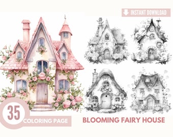 35 Blooming Fairy House Coloring Pages for Adults,Grayscale Coloring Book, Coloring pages kids,Instant Download, Printable PDF File |481