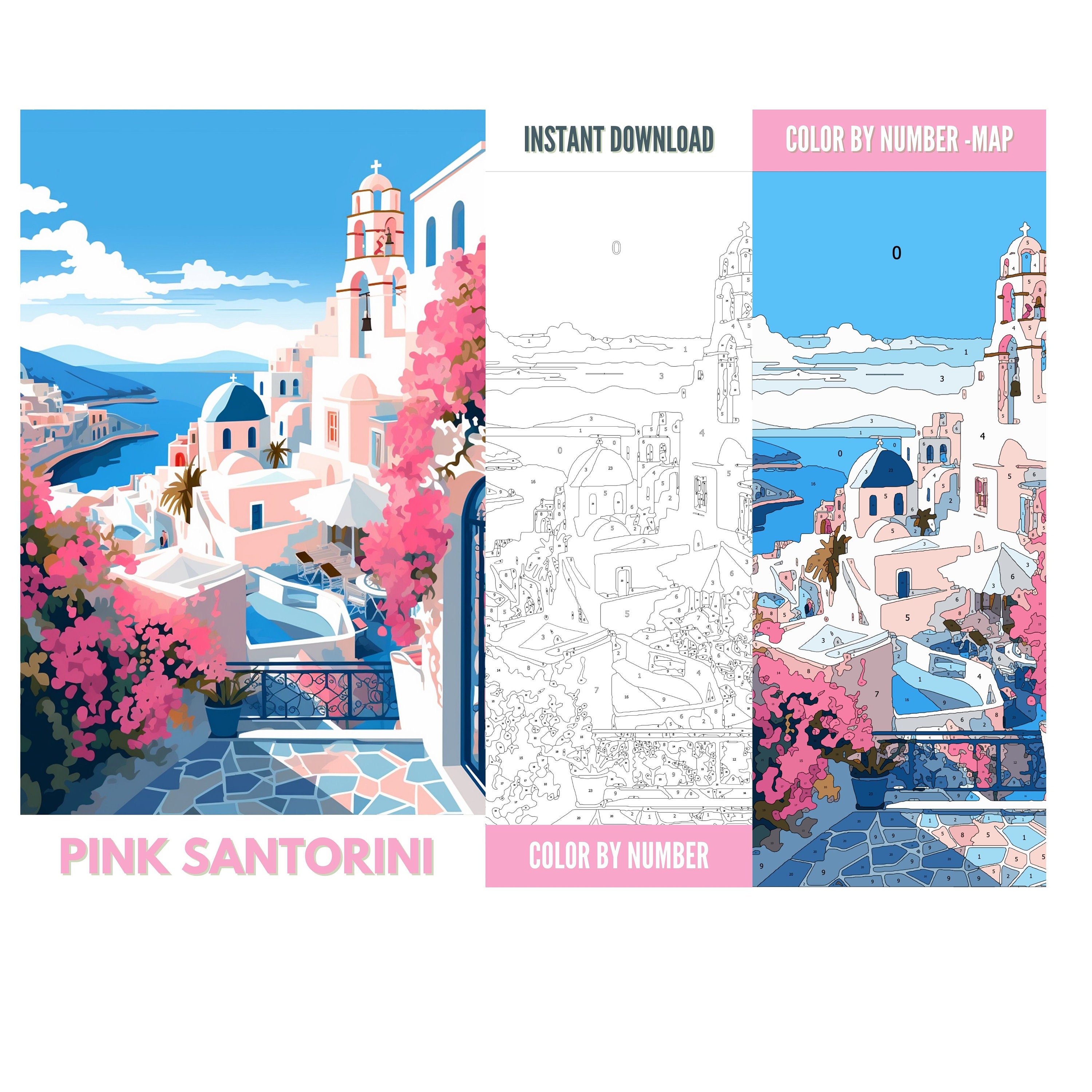 Color by Number for Adult, Paint by Number Printable, Santorini City ...