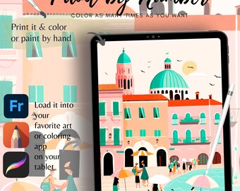 May include: A digital paint-by-number scene displayed on a tablet, featuring colorful buildings with a turquoise dome and a canal with gondolas. The text reads "Paint by Number" and "Color as many times as you want."