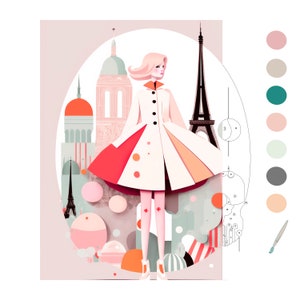 Color By Number Printable, Paint by number DIY, Modern Abstract Woman Paris Cityscape, Coloring Book Page, Digital Download Print