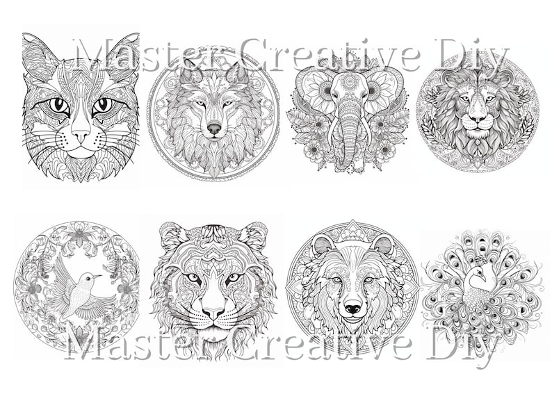 30 Mandala Animal Coloring Pages for Adults Grayscale - Etsy