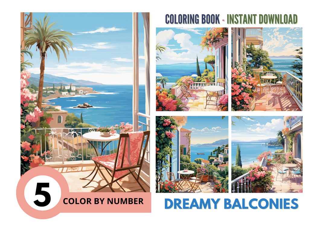 Color by Number for Adult, Paint by Number Printable,5 Dreamy Balconies ...