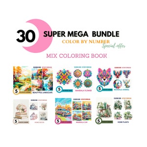 Bundle 30 Color By Number for Adult, Paint by Number Printable,Mandala+Landscape+Plants, Coloring Pages ,Sheets Digital Download, Book| 449