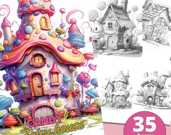 35 Fairy Candy House Coloring Pages for Adults,Grayscale Coloring Book, Coloring pages kids,Instant Download, Printable PDF File |499