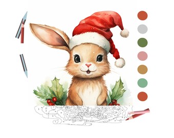 May include: A brown bunny wearing a red Santa hat with white trim and a white pom-pom. The bunny is surrounded by green holly leaves with red berries. The image is a paint-by-numbers kit.