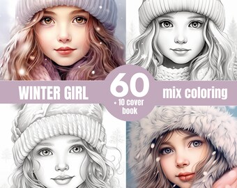 May include: A coloring book cover featuring four illustrations of a girl wearing a winter hat and scarf. The text "WINTER GIRL" and "60 mix coloring + 10 cover book" is displayed on the cover.