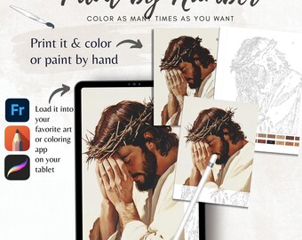 Könnte beinhalten: Ein digitales Malen-nach-Zahlen-Bild von Jesus Christus mit einer Dornenkrone. Das Bild ist auf einem Tablet-Bildschirm und ein Stift liegt daneben. Das Bild ist auch in gedruckter Form mit einer Farbpalette dargestellt.