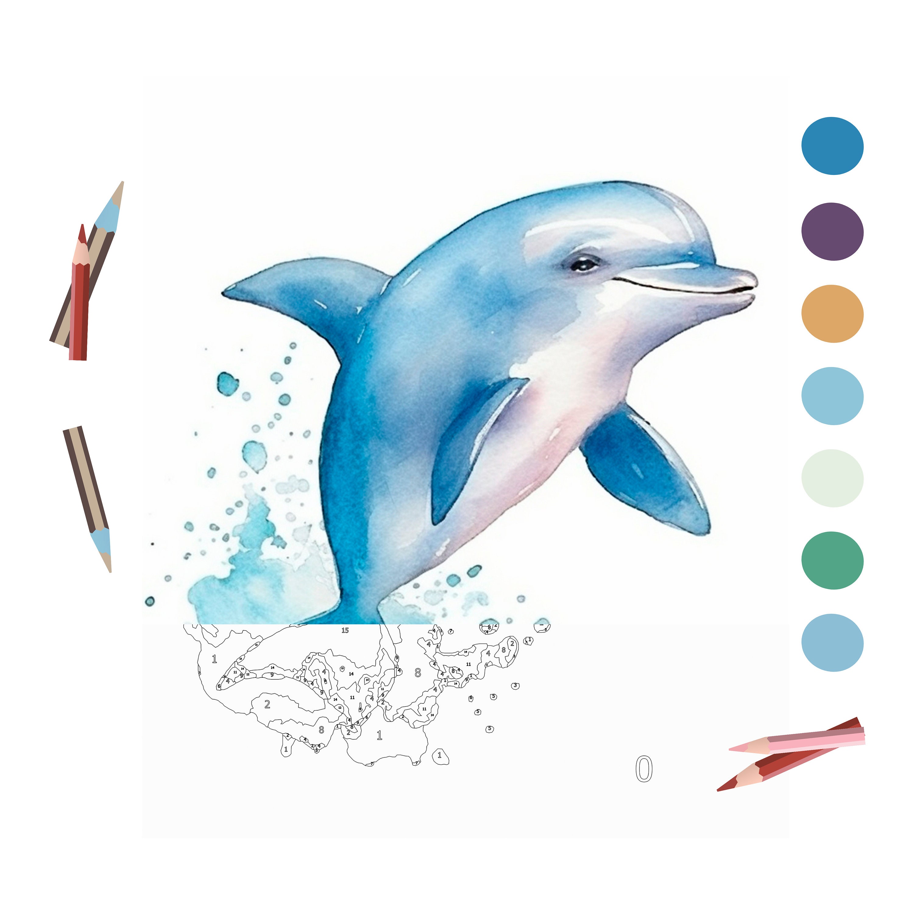 Color by Number for Adult, Paint by Number Printable, Cute Dolphin