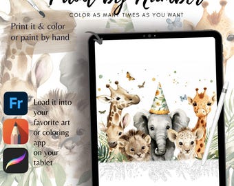 Fiesta de animales de safari para colorear por números para adultos/Pintar por números imprimible/Hojas de descarga digital/Libro detallado avanzado/1838