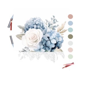 Op de afbeelding: Waterverfillustratie van een bloemstuk met een witte roos en blauwe hortensia's. Het boeket wordt vergezeld door een kleurenpalet en potloden, wat wijst op een schilderen-op-nummer-set.