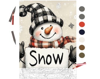 May include: A cheerful snowman illustration with a black and white plaid hat and a red and white plaid scarf. The snowman holds a sign that says "Snow". The image has a winter theme and includes snowflakes and color pencils.