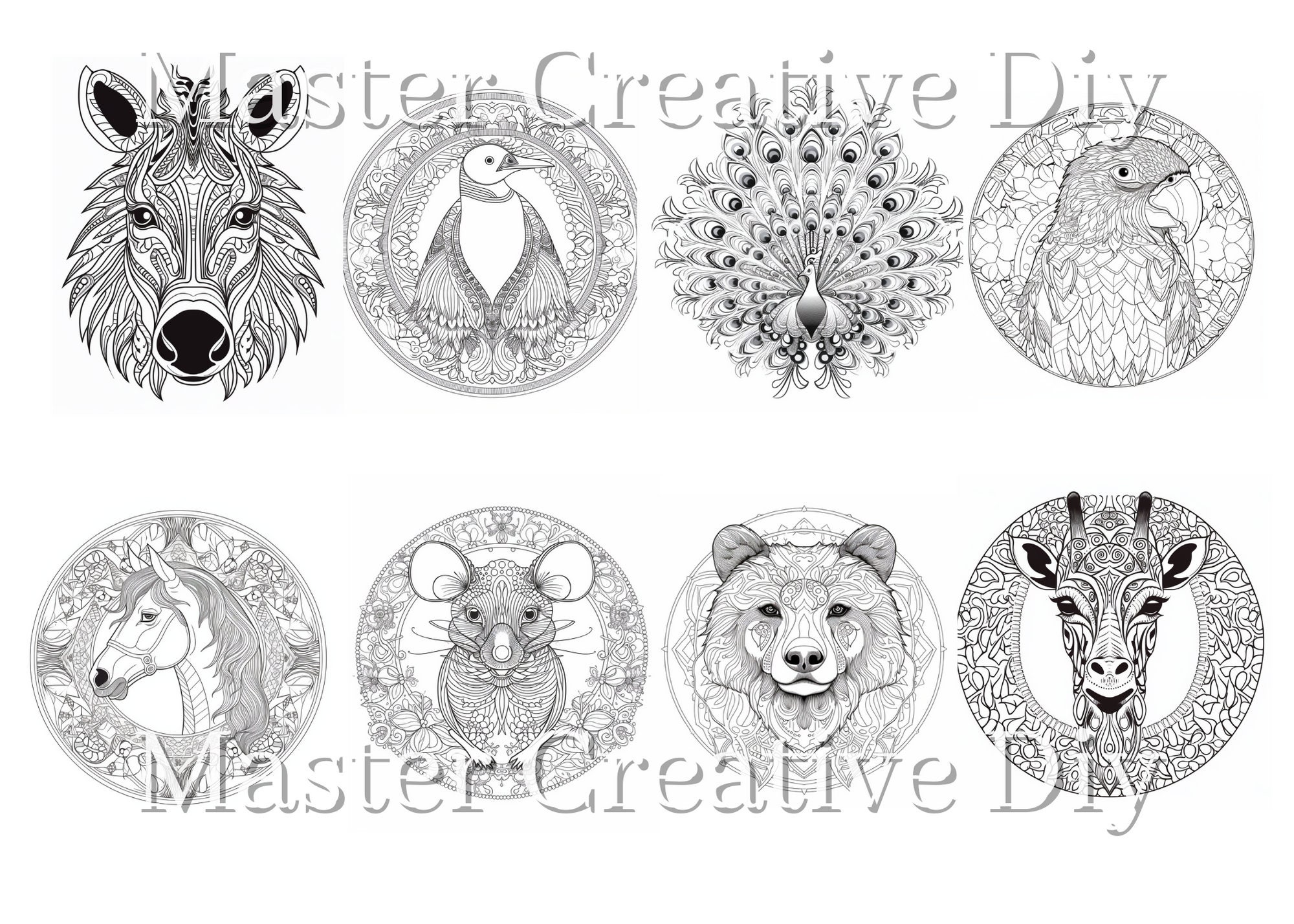 30 Mandala Animal Coloring Pages for Adults, Grayscale Coloring Book ...