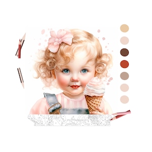 Color por número para adultos, Lindo bebé con helado, Pintura por número imprimible, Páginas para colorear Descarga digital, Libro detallado avanzado/ 857