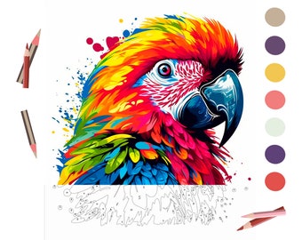 May include: A colorful paint by numbers kit featuring a close-up of a parrot's head. The parrot has bright red, yellow, blue, and green feathers. The kit includes a numbered canvas, paint pots, and brushes.